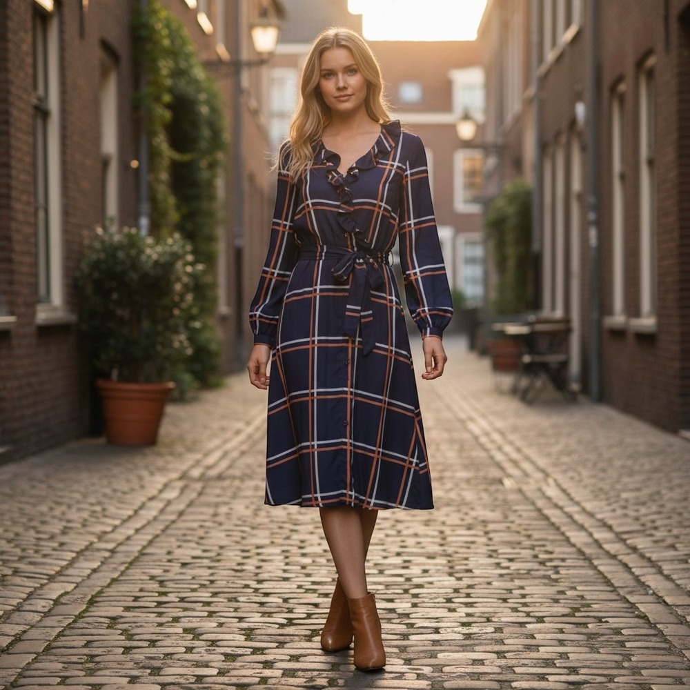 Elizabeth McKay Navy Plaid Ruffle Silk Wrap Dress‎ Orange Windowpane Midi Size 6